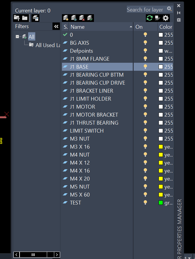 AutoCAD layers dialog box window showing part names